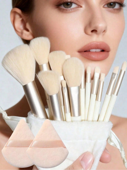 15pcs Makeup Brush Set, Includes 2pcs Apricot Triangle Powder Puffs, Soft And Fitting, Plus 13pcs Makeup Brush Set, Blush, Liquid Lipstick, Eyebrow Pencil, Lipstick, Concealer, Eyeshadow, Highlighter