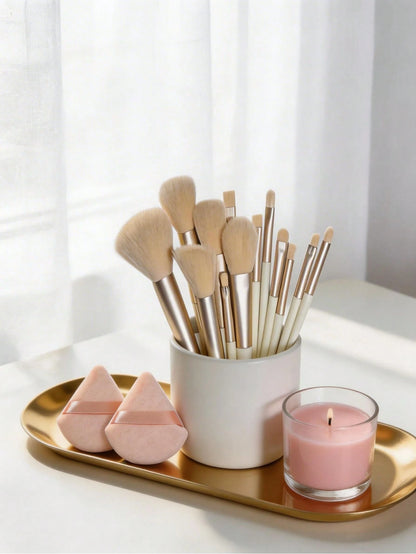 15pcs Makeup Brush Set, Includes 2pcs Apricot Triangle Powder Puffs, Soft And Fitting, Plus 13pcs Makeup Brush Set, Blush, Liquid Lipstick, Eyebrow Pencil, Lipstick, Concealer, Eyeshadow, Highlighter