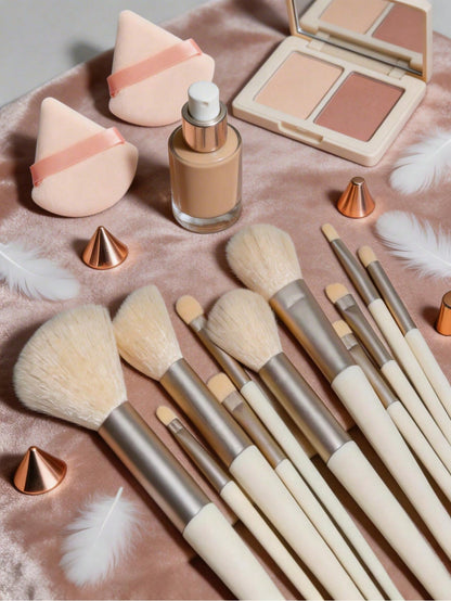15pcs Makeup Brush Set, Includes 2pcs Apricot Triangle Powder Puffs, Soft And Fitting, Plus 13pcs Makeup Brush Set, Blush, Liquid Lipstick, Eyebrow Pencil, Lipstick, Concealer, Eyeshadow, Highlighter