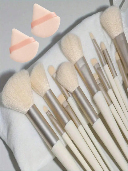 15pcs Makeup Brush Set, Includes 2pcs Apricot Triangle Powder Puffs, Soft And Fitting, Plus 13pcs Makeup Brush Set, Blush, Liquid Lipstick, Eyebrow Pencil, Lipstick, Concealer, Eyeshadow, Highlighter
