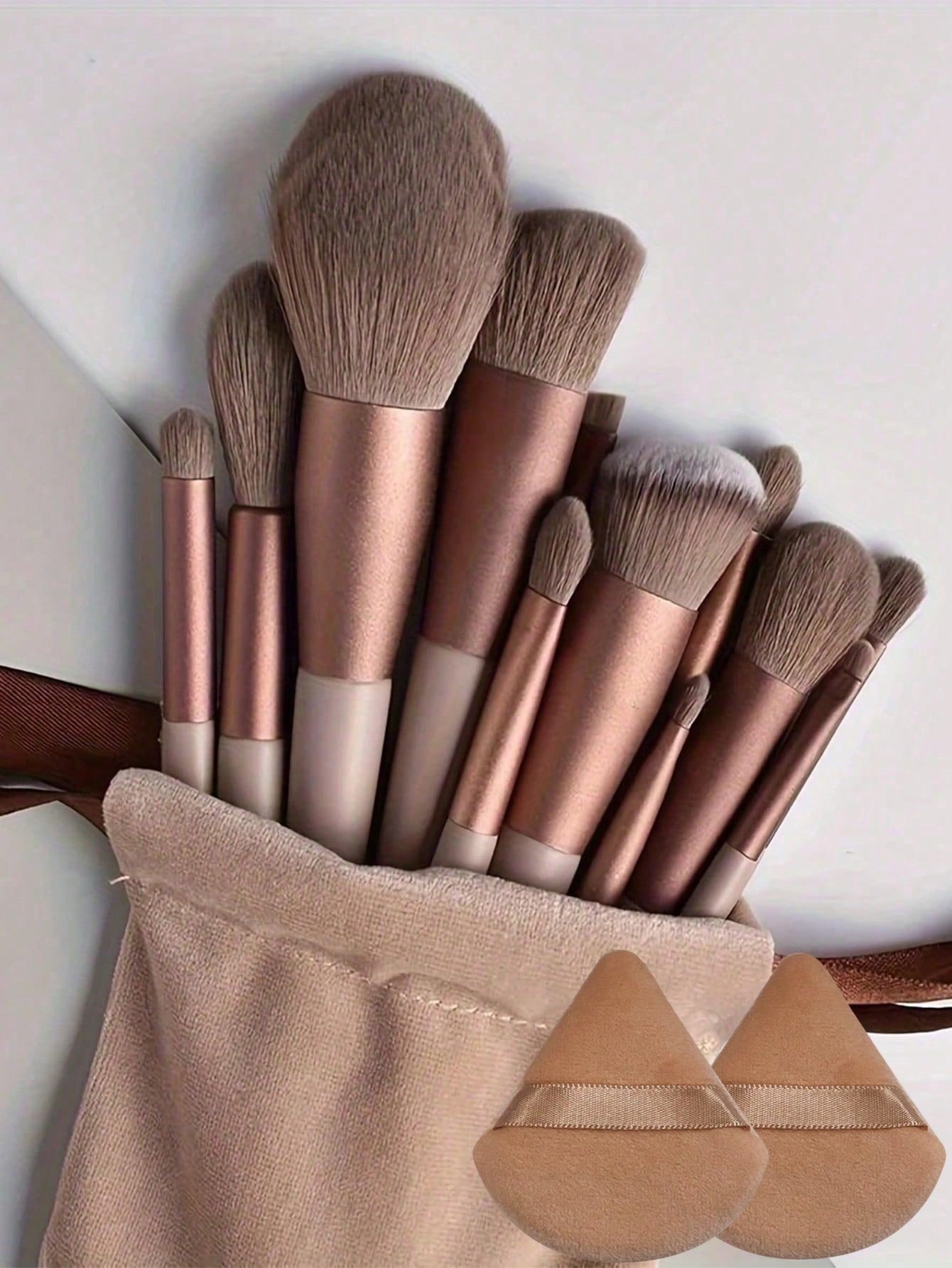 15pcs Makeup Brush Set, Includes 2pcs Brown Triangle Powder Puffs, Soft And Fitting, Also 13pcs Makeup Brush Set, Blush, Liquid Lipstick, Eyebrow Pencil, Lip Gloss, Concealer, Eyeshadow, Highlighter