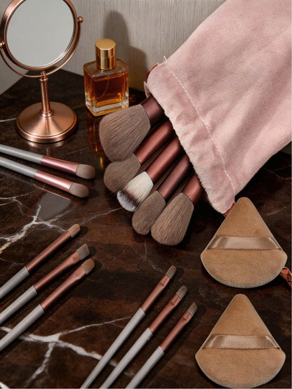 15pcs Makeup Brush Set, Includes 2pcs Brown Triangle Powder Puffs, Soft And Fitting, Also 13pcs Makeup Brush Set, Blush, Liquid Lipstick, Eyebrow Pencil, Lip Gloss, Concealer, Eyeshadow, Highlighter