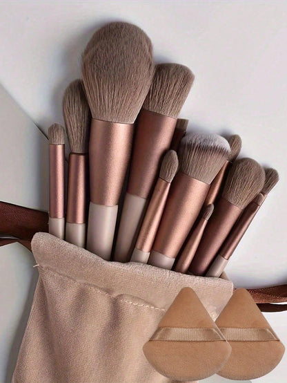15pcs Makeup Brush Set, Includes 2pcs Brown Triangle Powder Puffs, Soft And Fitting, Also 13pcs Makeup Brush Set, Blush, Liquid Lipstick, Eyebrow Pencil, Lip Gloss, Concealer, Eyeshadow, Highlighter