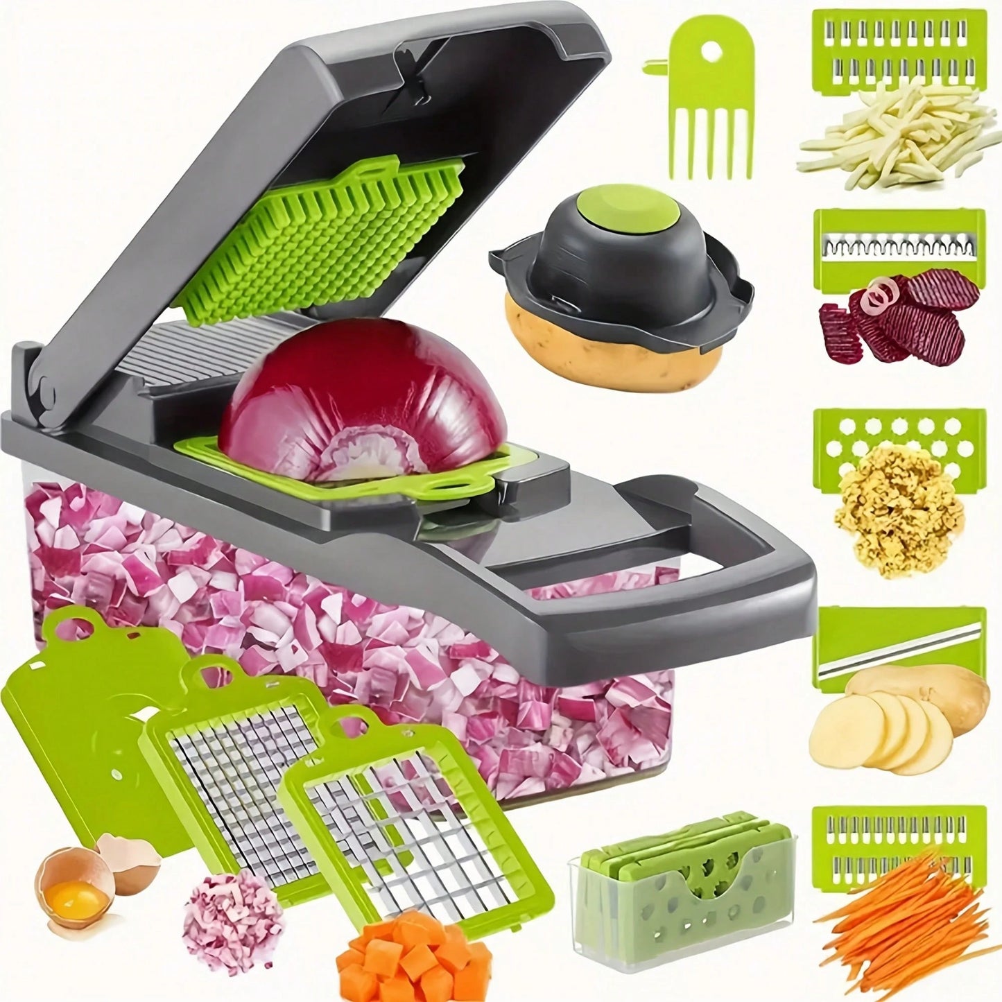 16 In 1 Manual Vegetable Chopper Kit With 8 Blades Storage Container Peeler Filter, Easy Prep Onion Carrot Garlic Slicer Dicer, Multi Functional Household Kitchen Gadget Gift