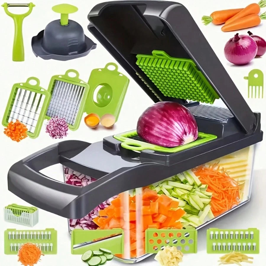 16 In 1 Manual Vegetable Chopper Kit With 8 Blades Storage Container Peeler Filter, Easy Prep Onion Carrot Garlic Slicer Dicer, Multi Functional Household Kitchen Gadget Gift