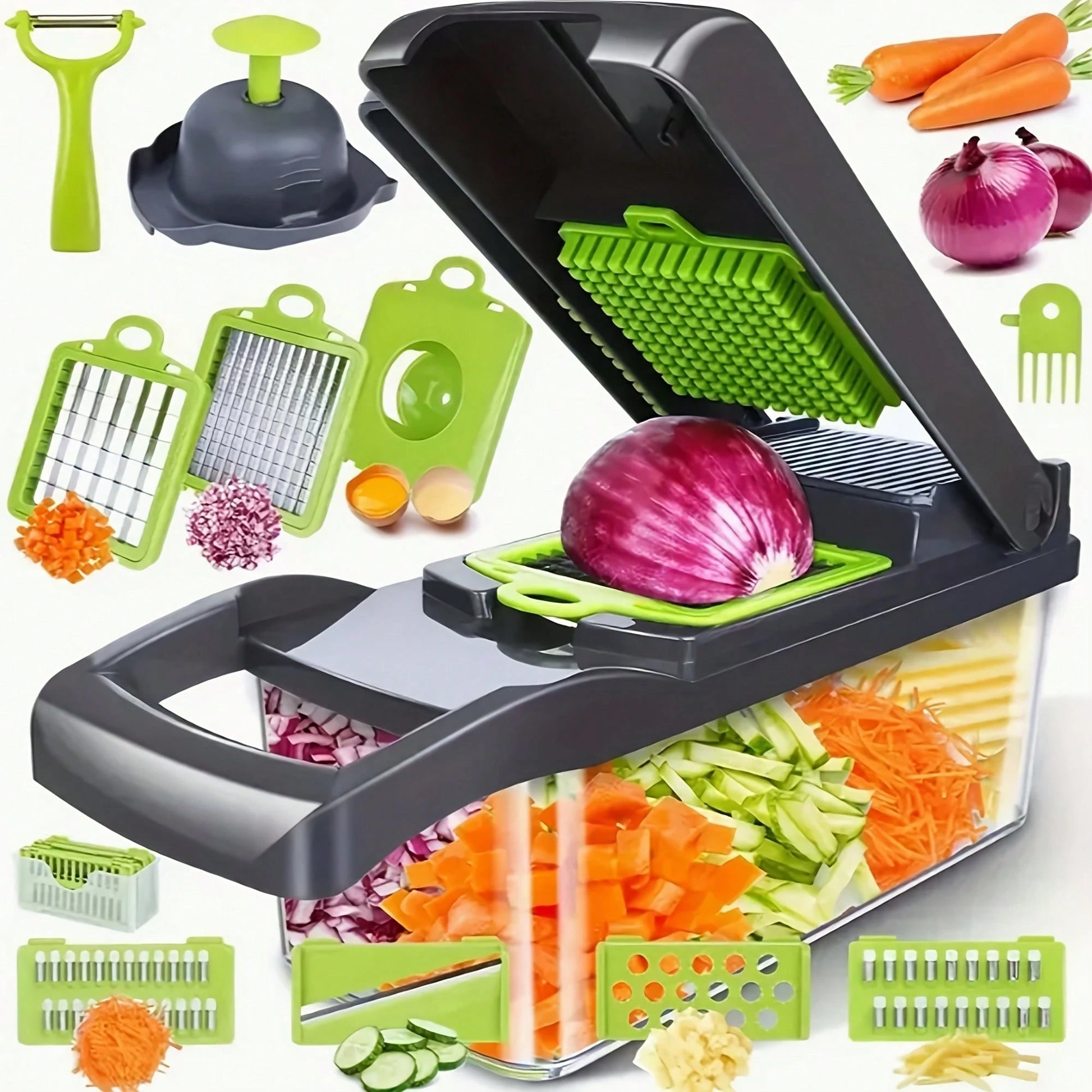 16 In 1 Manual Vegetable Chopper Kit With 8 Blades Storage Container Peeler Filter, Easy Prep Onion Carrot Garlic Slicer Dicer, Multi Functional Household Kitchen Gadget Gift