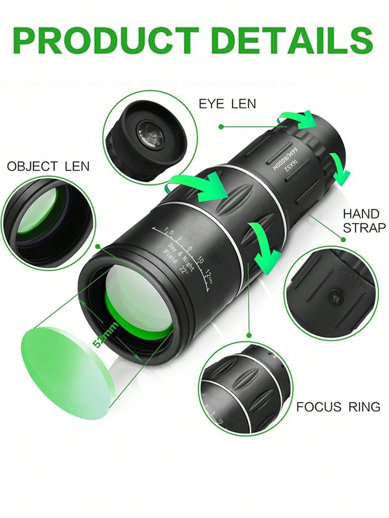 16x52 Hd Portable Monocular Telescope, Long-distance High-definition Focusing Telescope, Camping & Fishing Super-zoom Single Optical Telescope, Compact Monocular With Bak4 Prism, Very Suitable For Hik