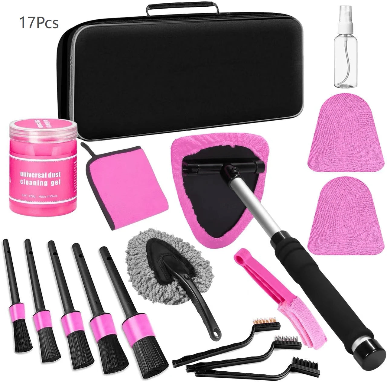 17-Pcs Pink Car Interior Cleaning Kit With Windshield Cleaner Tool, Detailing Brushes & Cleaning Gel, Ideal Car Cleaning Accessories & Gift For Women & Girls