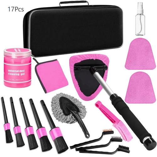 17-Pcs Pink Car Interior Cleaning Kit With Windshield Cleaner Tool, Detailing Brushes & Cleaning Gel, Ideal Car Cleaning Accessories & Gift For Women & Girls