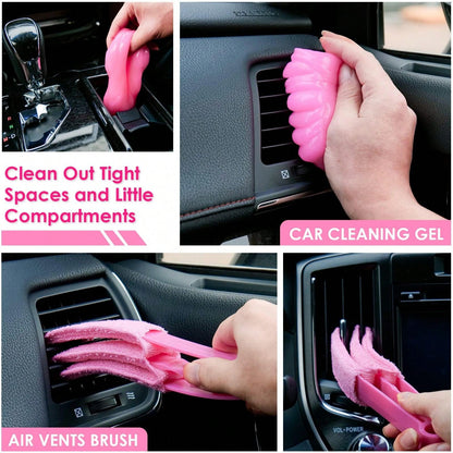 17-Pcs Pink Car Interior Cleaning Kit With Windshield Cleaner Tool, Detailing Brushes & Cleaning Gel, Ideal Car Cleaning Accessories & Gift For Women & Girls