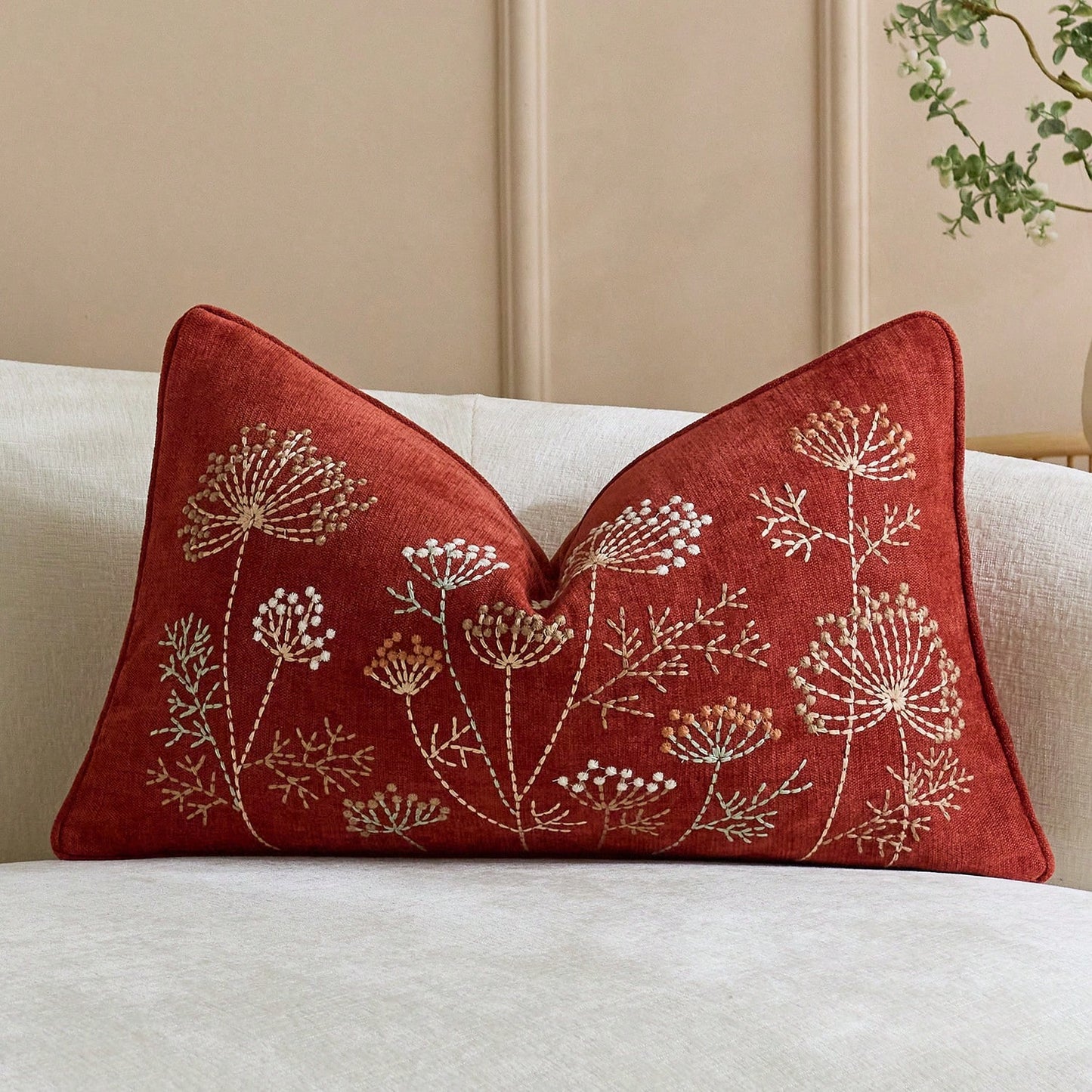 1pc 12x20 Inch Embroidered Throw Pillow Cover, Bohemian Style Decorative Cushion Cover With Zipper, Suitable For Living Room Sofa Bed, Floral & Bee Design, Beige
