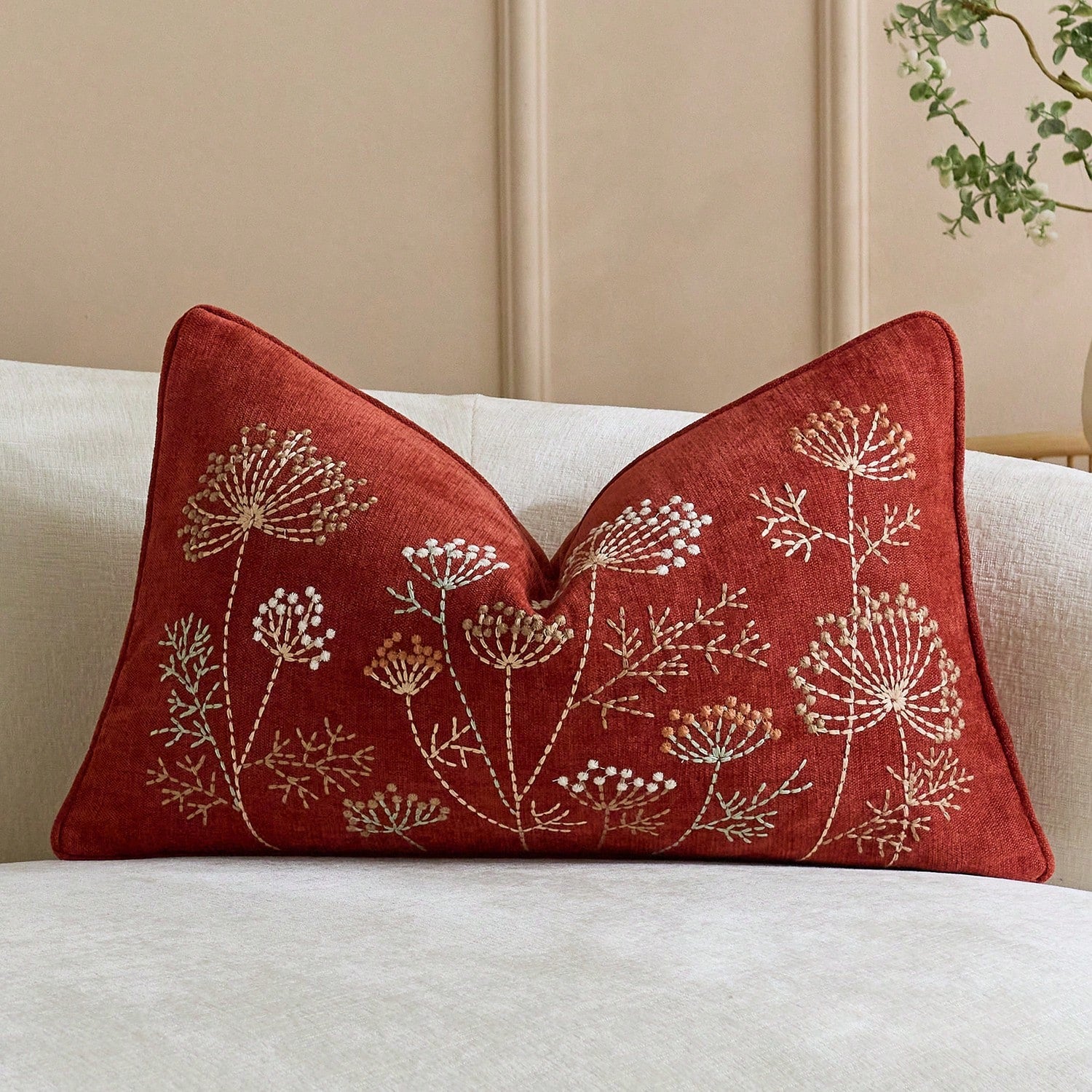 1pc 12x20 Inch Embroidered Throw Pillow Cover, Bohemian Style Decorative Cushion Cover With Zipper, Suitable For Living Room Sofa Bed, Floral & Bee Design, Beige