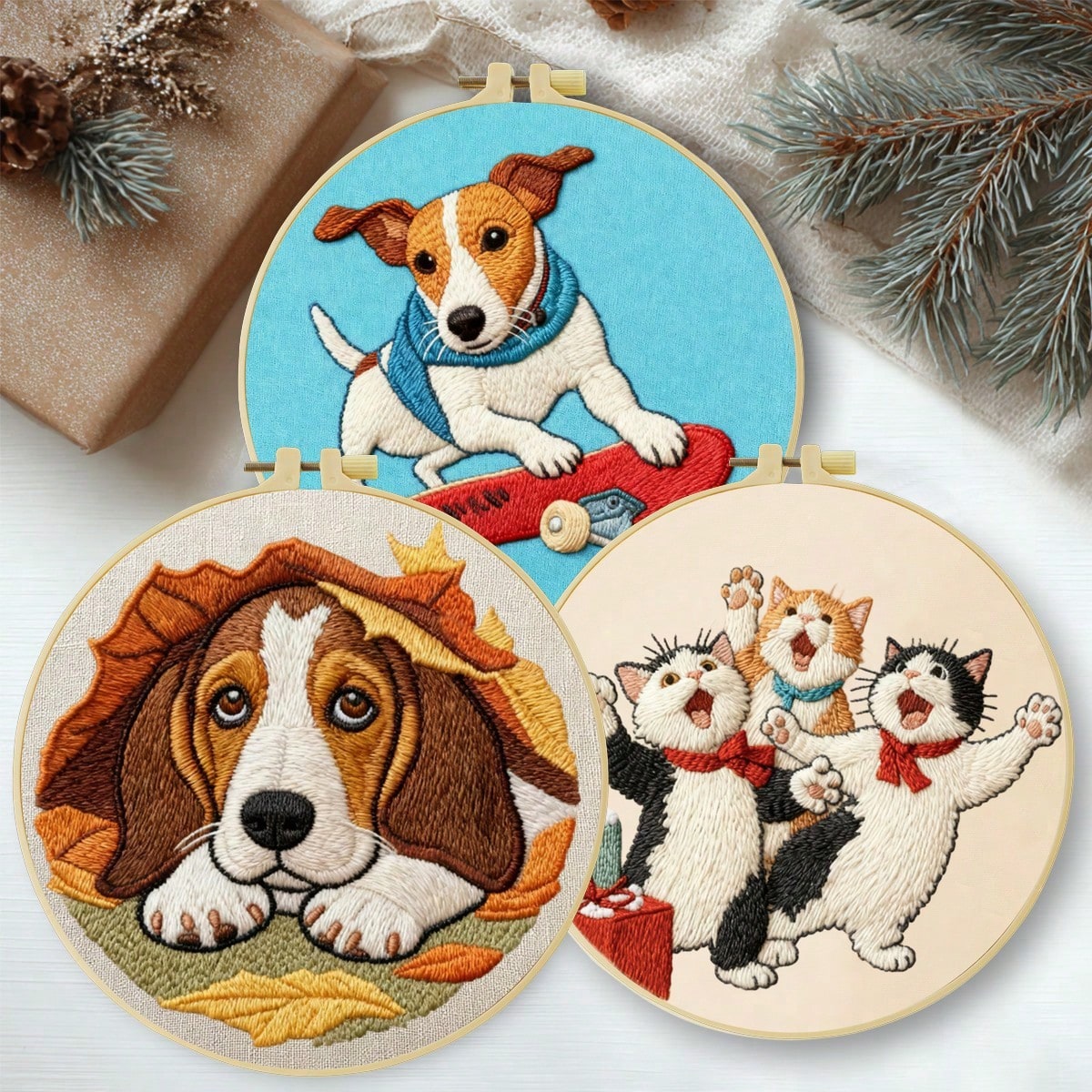 1PC 20*20cm/7.9*7.9in,Animal Party Embroidery Kit, DIY Handmade Embroidery Set For Adult Beginners, Home Gift, Women's Sewing Gift, Including User Manual, Printed Pattern Fabric, Embroidery Frame, Nee