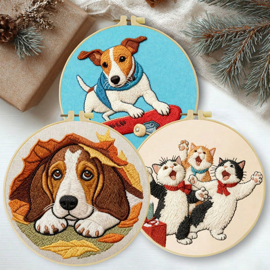 1PC 20*20cm/7.9*7.9in,Animal Party Embroidery Kit, DIY Handmade Embroidery Set For Adult Beginners, Home Gift, Women's Sewing Gift, Including User Manual, Printed Pattern Fabric, Embroidery Frame, Nee