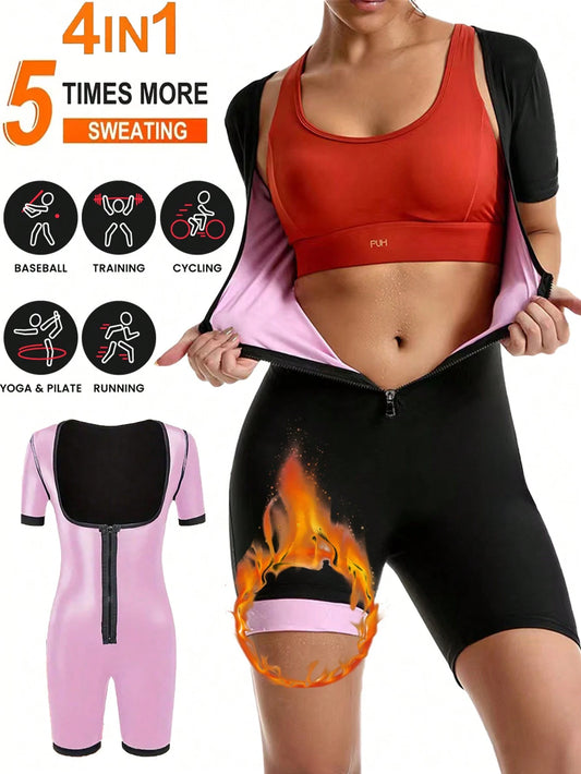 1pc 2024 New 4-In-1 Sauna Fitness Shaping Jumpsuit With Zipper Waistline, Suitable For All Seasons Bodyshaping Sauna Tight Fitness Jumpsuit Corset Gym Accessories For Belly Slimming Girdles, Lumbar Gi