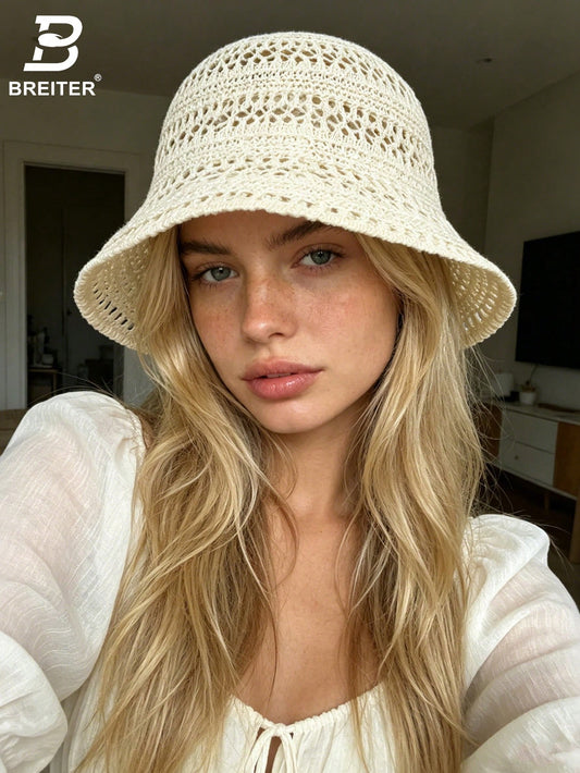 1pc 2026 New Summer Women's Hollow Out Sun Hat, Breathable Thin Fashion Design, Bohemian Style Vacation Hat, Suitable For Shopping, Travel, Outdoor Wear Bucket Hat