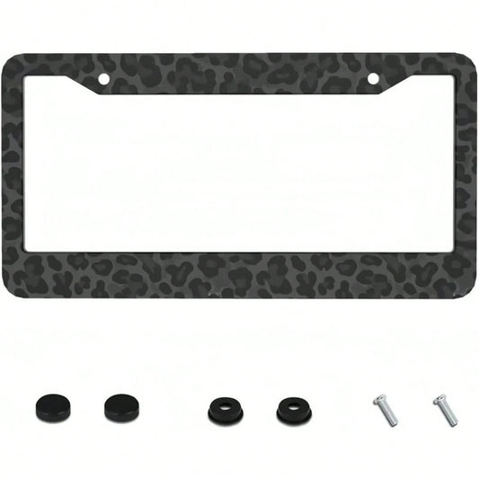 1pc 2D Black Leopard Aluminum License Frame 12x6in, With Screws Washers, Fits Sedans SUV Pickups Commercial Vehicles Car Decor,Valentines Gift,Birthday Gifts,Car Decor,License Plate,Carro,Car Acesseso