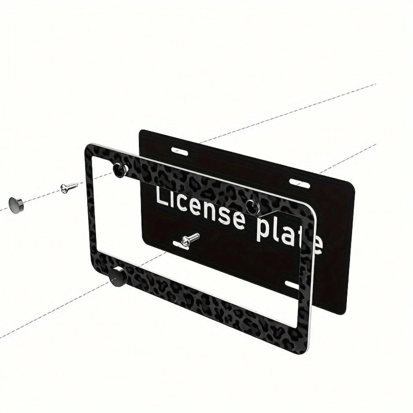 1pc 2D Flat Decorative Signboard&Nameplate, Aluminum Metal License Plate Frame- Black Leopard Print Design, Suitable For Front And Rear License Plates, Cheetah Design, Suitable For Most American Vehi