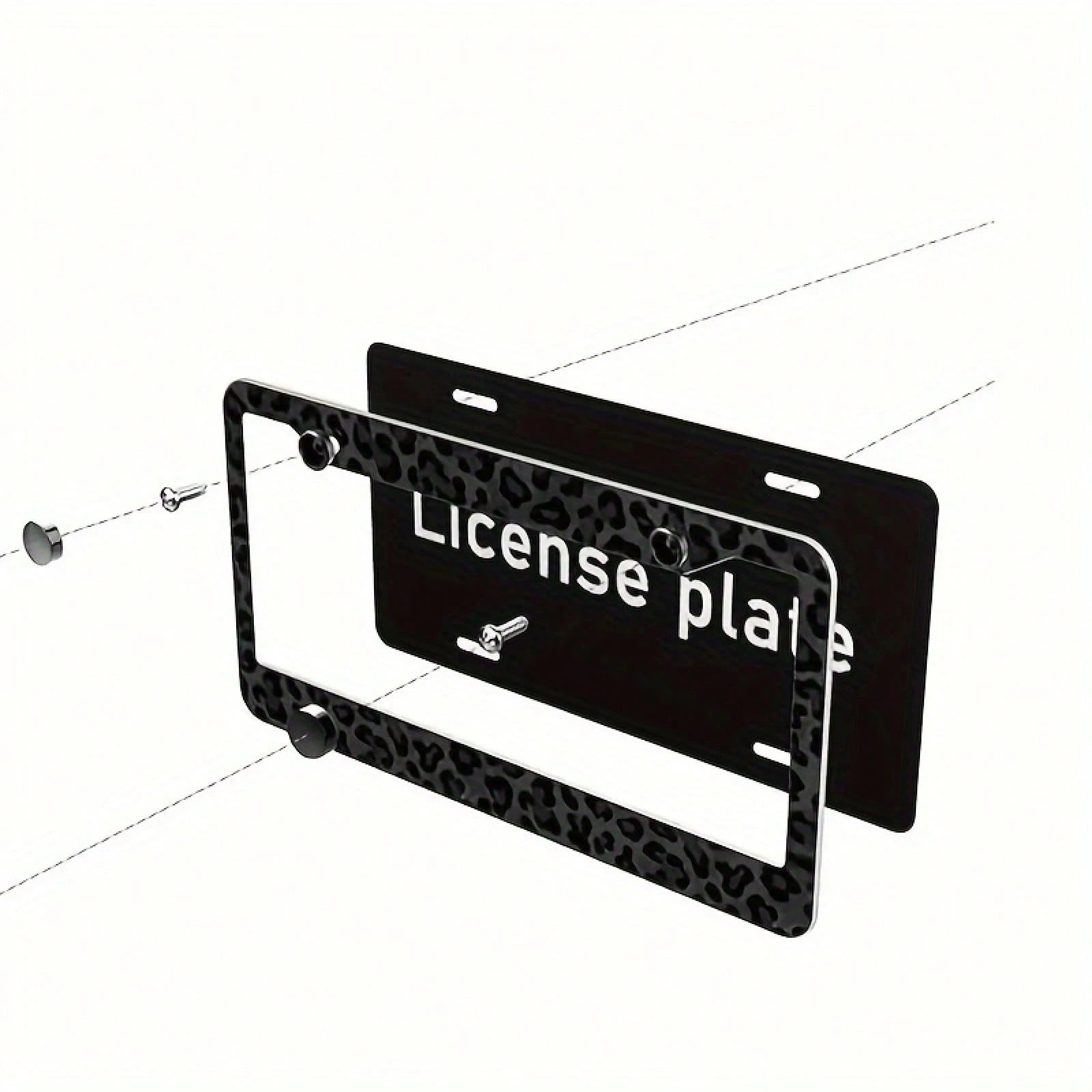 1pc 2D Flat Decorative Signboard&Nameplate, Aluminum Metal License Plate Frame- Black Leopard Print Design, Suitable For Front And Rear License Plates, Cheetah Design, Suitable For Most American Vehi