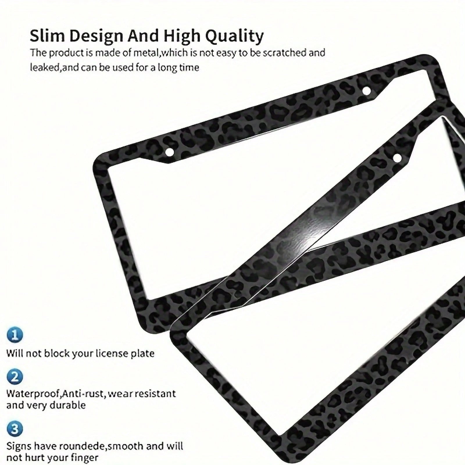 1pc 2D Flat Decorative Signboard&Nameplate, Aluminum Metal License Plate Frame- Black Leopard Print Design, Suitable For Front And Rear License Plates, Cheetah Design, Suitable For Most American Vehi