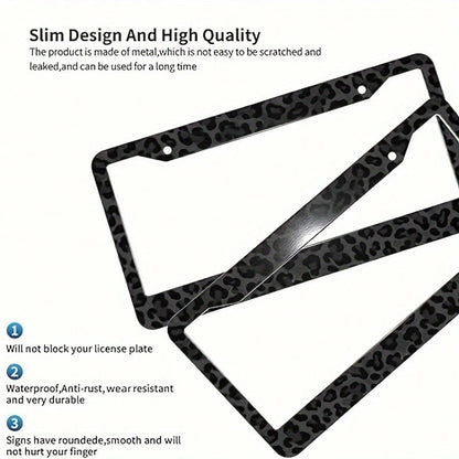 1pc 2D Flat Decorative Signboard&Nameplate, Aluminum Metal License Plate Frame- Black Leopard Print Design, Suitable For Front And Rear License Plates, Cheetah Design, Suitable For Most American Vehi