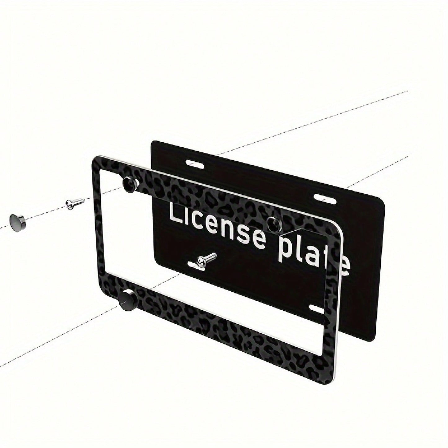 1pc 2D Flat Decorative Signboard&Nameplate, Aluminum Metal License Plate Frame- Black Leopard Print Design, Suitable For Front And Rear License Plates, Cheetah Design, Suitable For Most American Vehi