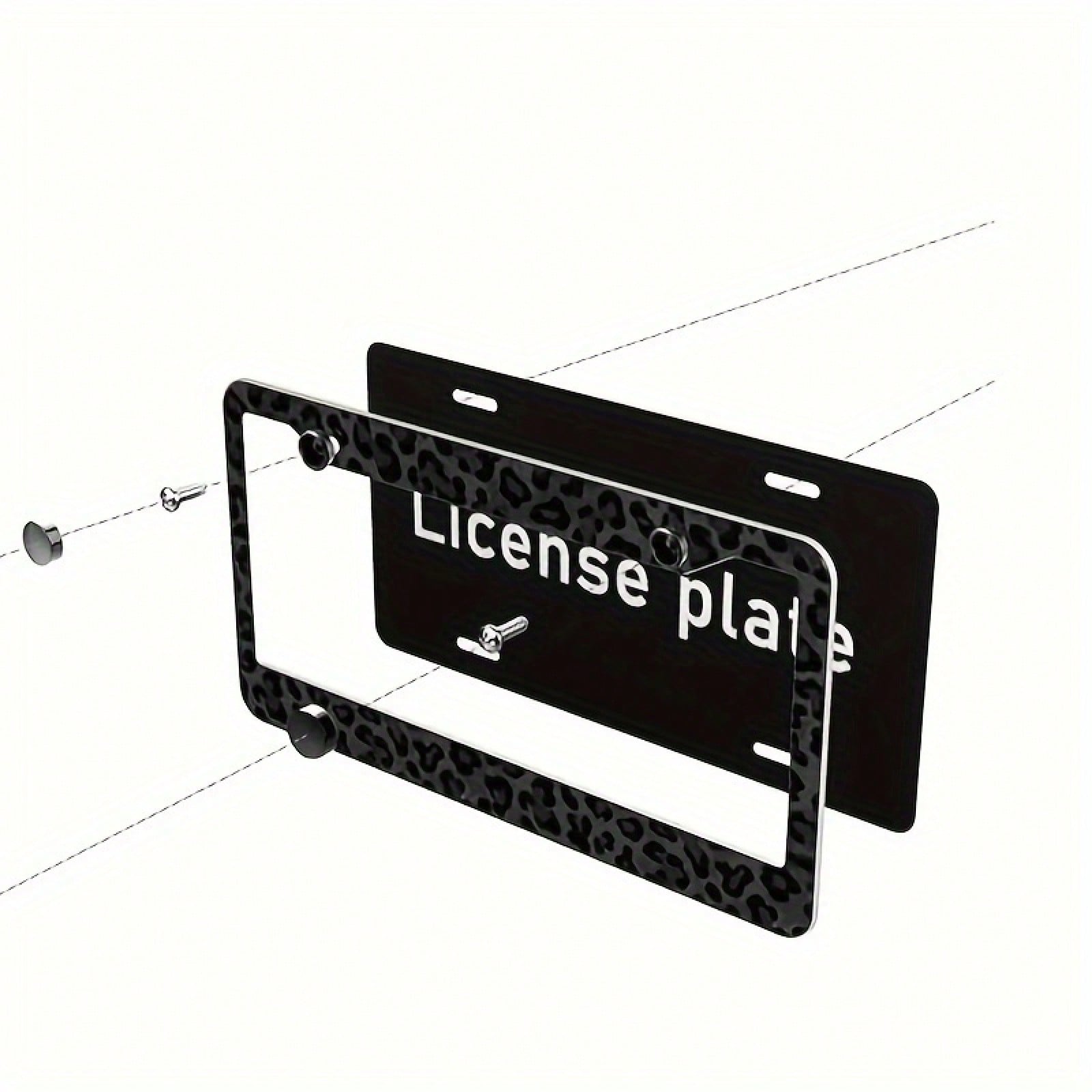1pc 2D Flat Decorative Signboard&Nameplate, Aluminum Metal License Plate Frame- Black Leopard Print Design, Suitable For Front And Rear License Plates, Cheetah Design, Suitable For Most American Vehi