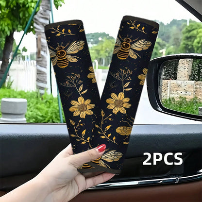 1pc/2pcs Black And Gold Bee Floral Pattern Car Seatbelt Shoulder Pad, Universal Multifunctional Seatbelt Protector, Suitable For Car Seat Belts, Adjustable Car Shoulder Strap Protector, Creative And S