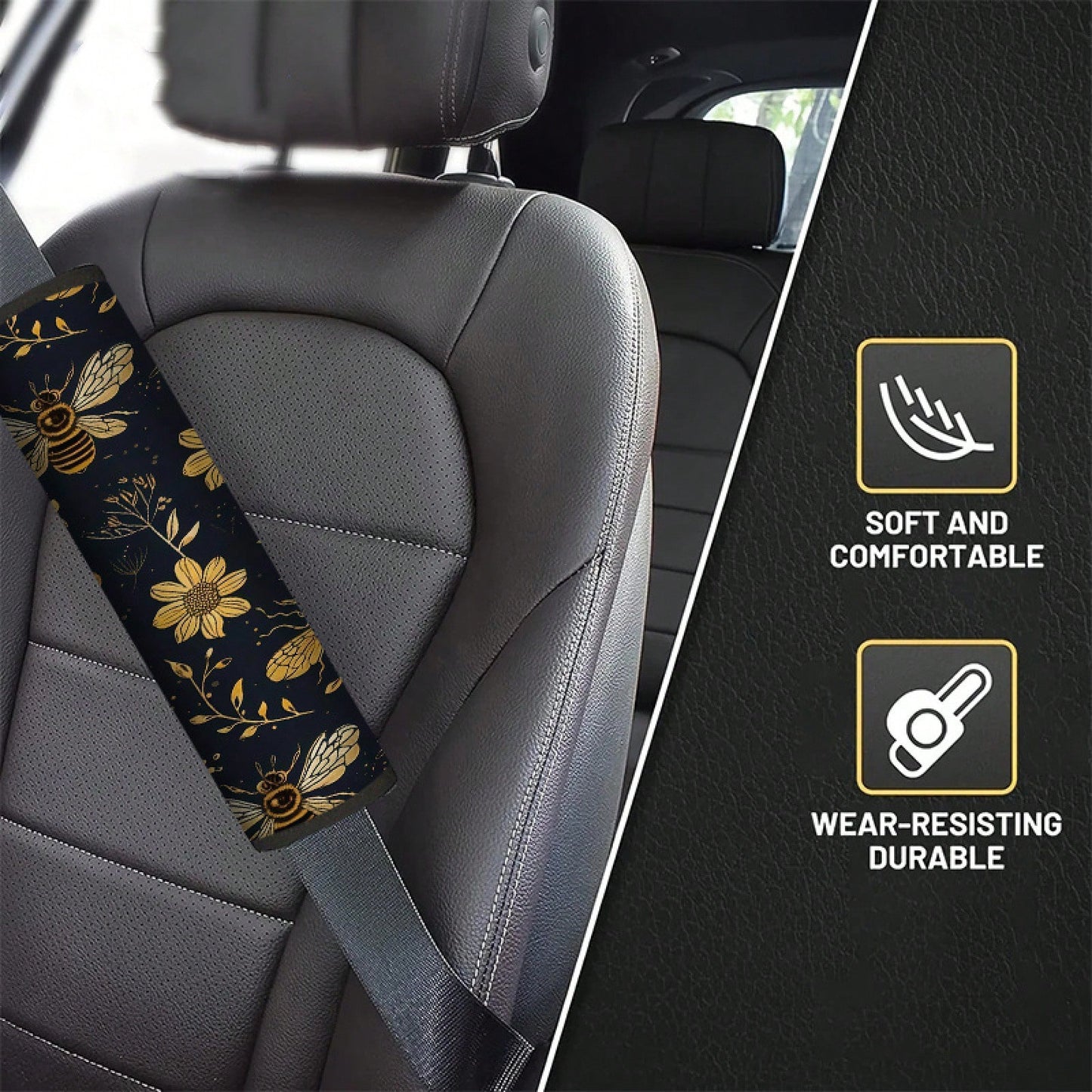 1pc/2pcs Black And Gold Bee Floral Pattern Car Seatbelt Shoulder Pad, Universal Multifunctional Seatbelt Protector, Suitable For Car Seat Belts, Adjustable Car Shoulder Strap Protector, Creative And S