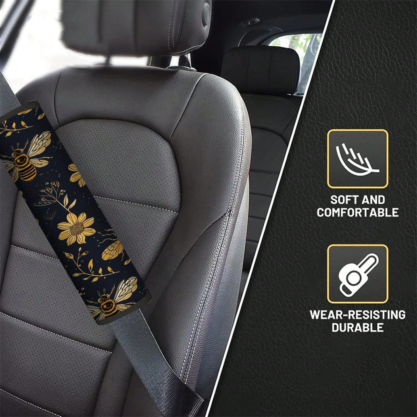 1pc/2pcs Black And Gold Bee Floral Pattern Car Seatbelt Shoulder Pad, Universal Multifunctional Seatbelt Protector, Suitable For Car Seat Belts, Adjustable Car Shoulder Strap Protector, Creative And S