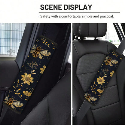 1pc/2pcs Black And Gold Bee Floral Pattern Car Seatbelt Shoulder Pad, Universal Multifunctional Seatbelt Protector, Suitable For Car Seat Belts, Adjustable Car Shoulder Strap Protector, Creative And S