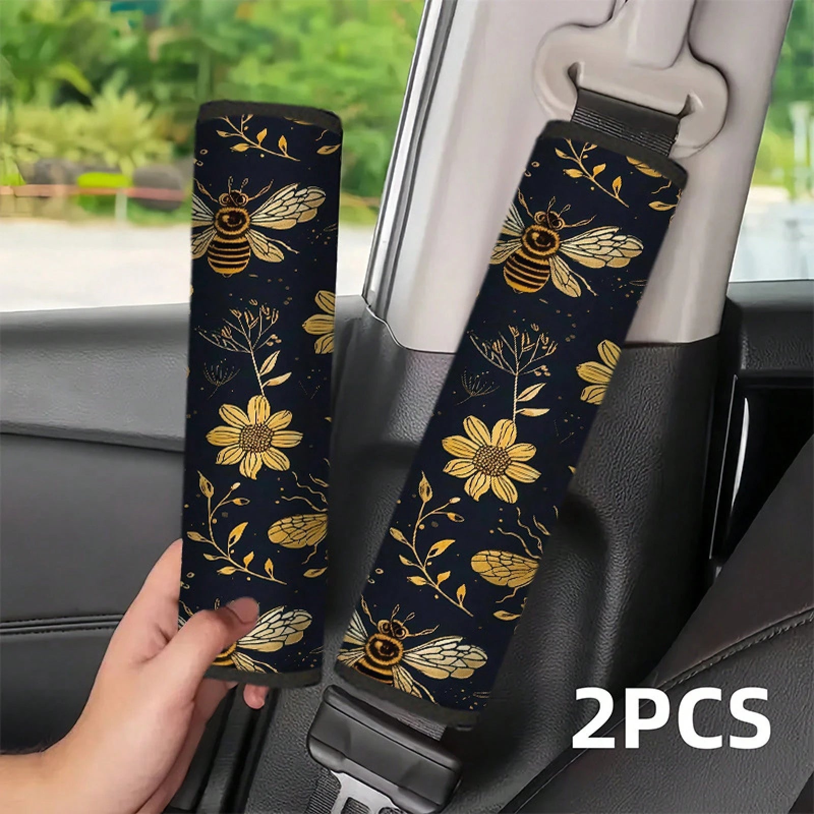 1pc/2pcs Black And Gold Bee Floral Pattern Car Seatbelt Shoulder Pad, Universal Multifunctional Seatbelt Protector, Suitable For Car Seat Belts, Adjustable Car Shoulder Strap Protector, Creative And S