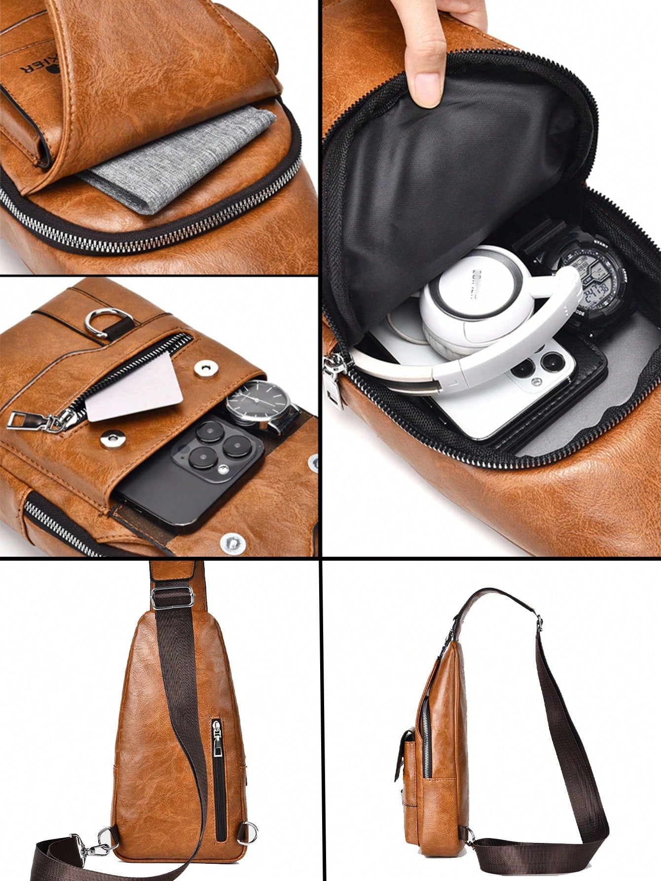 1pc/2pcs Business Chest Bag, Waist Bag, PU Material, Student Bag; Made Of Wear-Resistant PU Fabric, Multi-Compartment Large Space, Built-In Earphone Jack; Minimalist Casual Men's Bag, Fashion Style, T