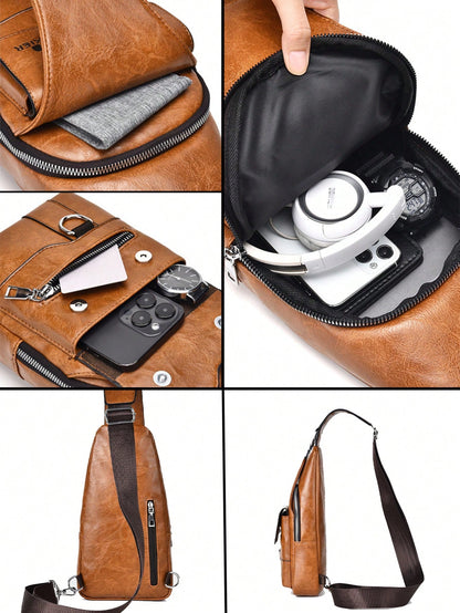 1pc/2pcs Business Chest Bag, Waist Bag, PU Material, Student Bag; Made Of Wear-Resistant PU Fabric, Multi-Compartment Large Space, Built-In Earphone Jack; Minimalist Casual Men's Bag, Fashion Style, T