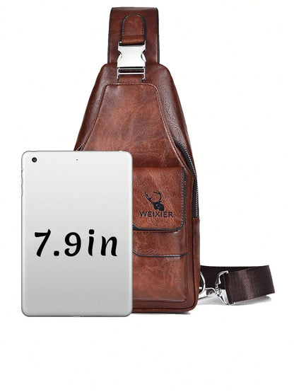 1pc/2pcs Business Chest Bag, Waist Bag, PU Material, Student Bag; Made Of Wear-Resistant PU Fabric, Multi-Compartment Large Space, Built-In Earphone Jack; Minimalist Casual Men's Bag, Fashion Style, T