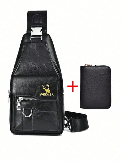 1pc/2pcs Business Chest Bag, Waist Bag, PU Material, Student Bag; Made Of Wear-Resistant PU Fabric, Multi-Compartment Large Space, Built-In Earphone Jack; Minimalist Casual Men's Bag, Fashion Style, T