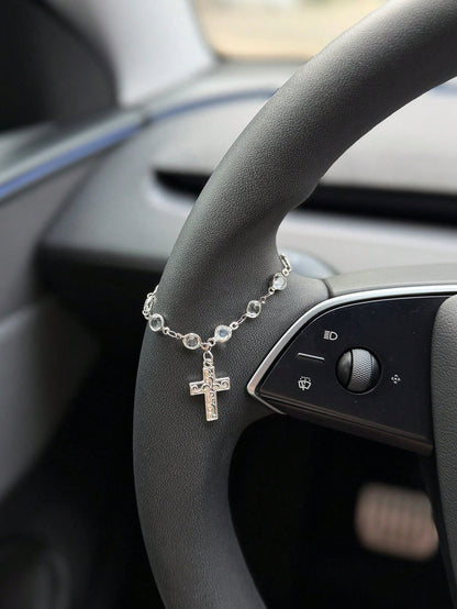 1pc/2pcs Car Steering Wheel Cross Decoration, Luxury Crystal Chain, Car Steering Wheel Decorative Pendant