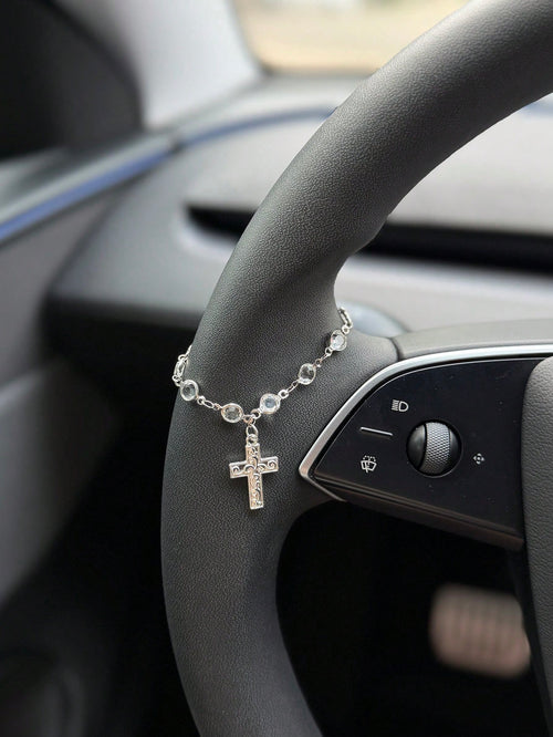 1pc/2pcs Car Steering Wheel Cross Decoration, Luxury Crystal Chain, Car Steering Wheel Decorative Pendant