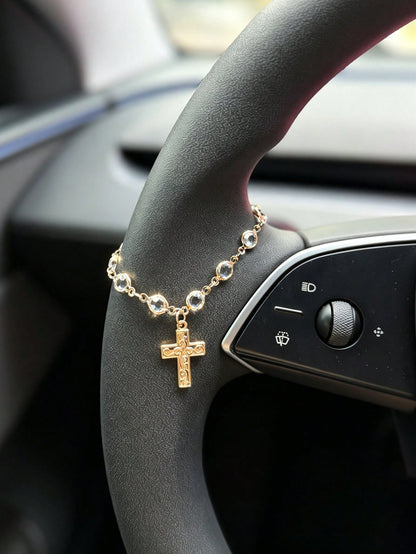 1pc/2pcs Car Steering Wheel Cross Decoration, Luxury Crystal Chain, Car Steering Wheel Decorative Pendant