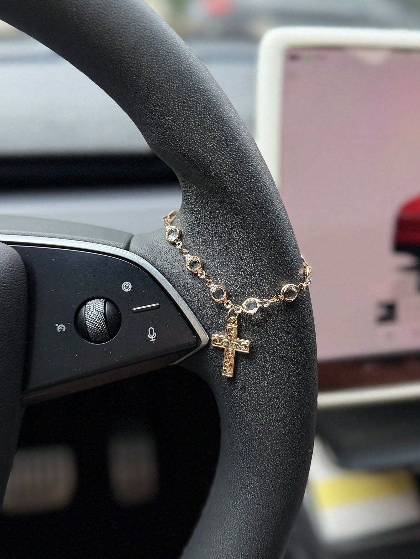1pc/2pcs Car Steering Wheel Cross Decoration, Luxury Crystal Chain, Car Steering Wheel Decorative Pendant