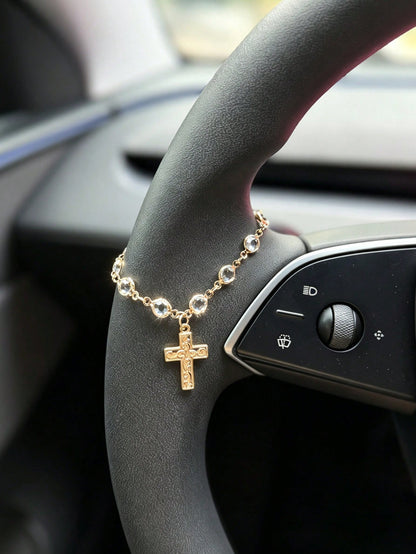 1pc/2pcs Car Steering Wheel Cross Decoration, Luxury Crystal Chain, Car Steering Wheel Decorative Pendant