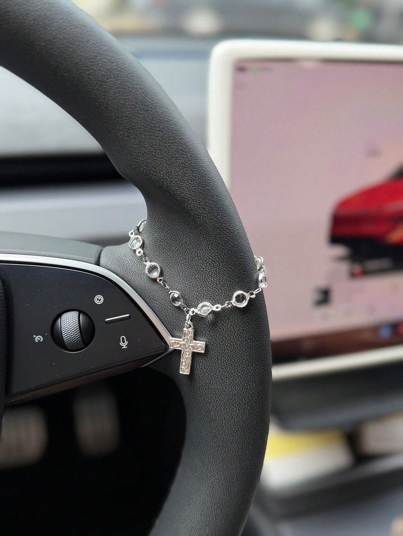 1pc/2pcs Car Steering Wheel Cross Decoration, Luxury Crystal Chain, Car Steering Wheel Decorative Pendant