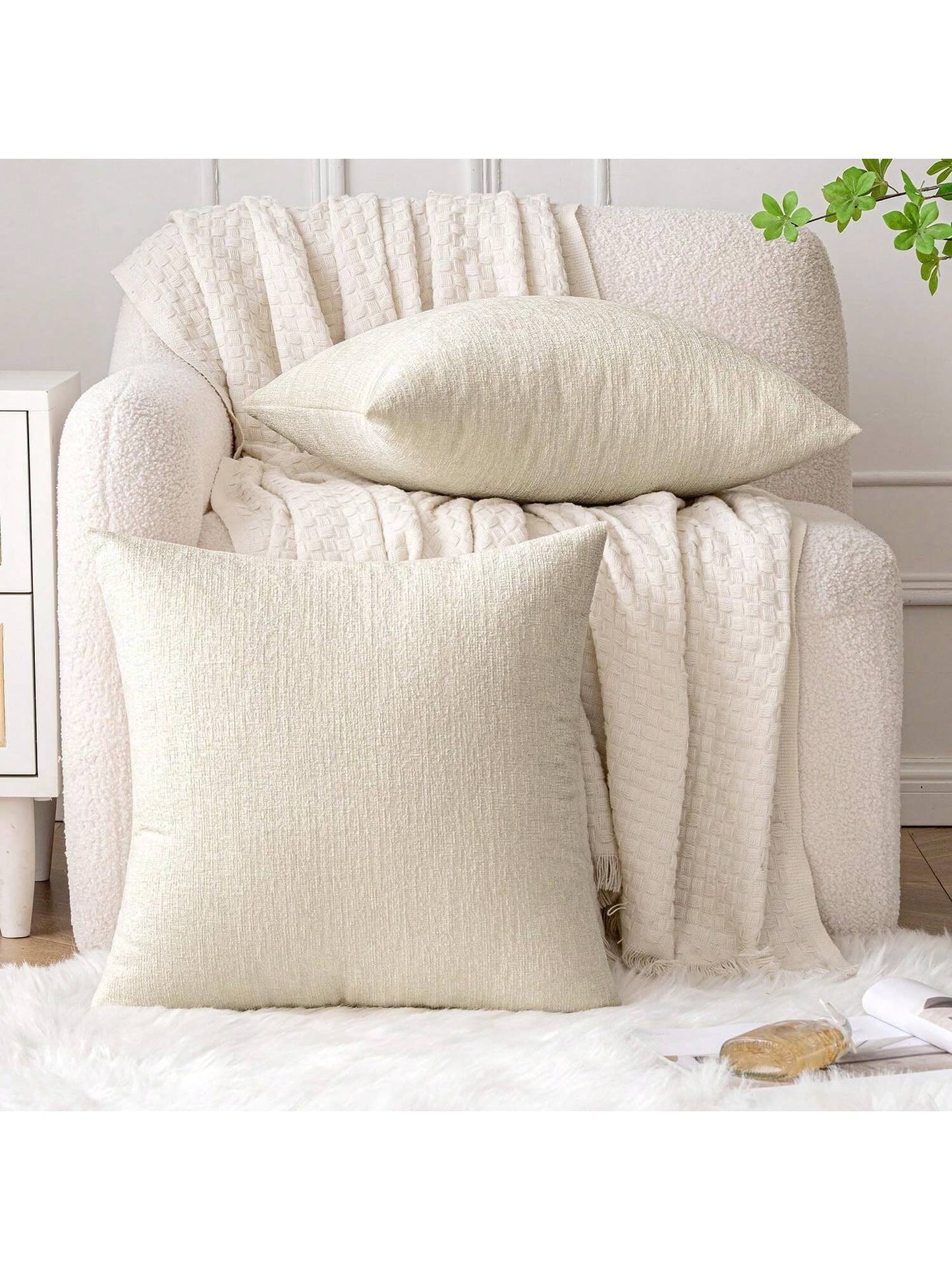 1pc/2pcs Cream White (Pillow Insert Not Included) 3D Textured Throw Pillow Cover, Modern Farmhouse Cozy Chenille Vintage Pattern Cushion Case, Suitable For Daily Bedroom, Dining Room, Bed, Sofa, Car
