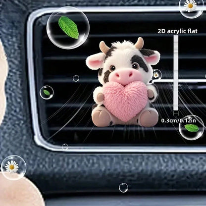 1PC/2PCS Cute Cow Pattern Heart-Shaped Car Air Vent Clip, 1 Set Includes Aromatherapy, Car Air Vent Decor Clip, Car Aromatherapy Diffuser, Aromatherapy Sponge Pad, 2D Acrylic Luxury Cartoon Decoration