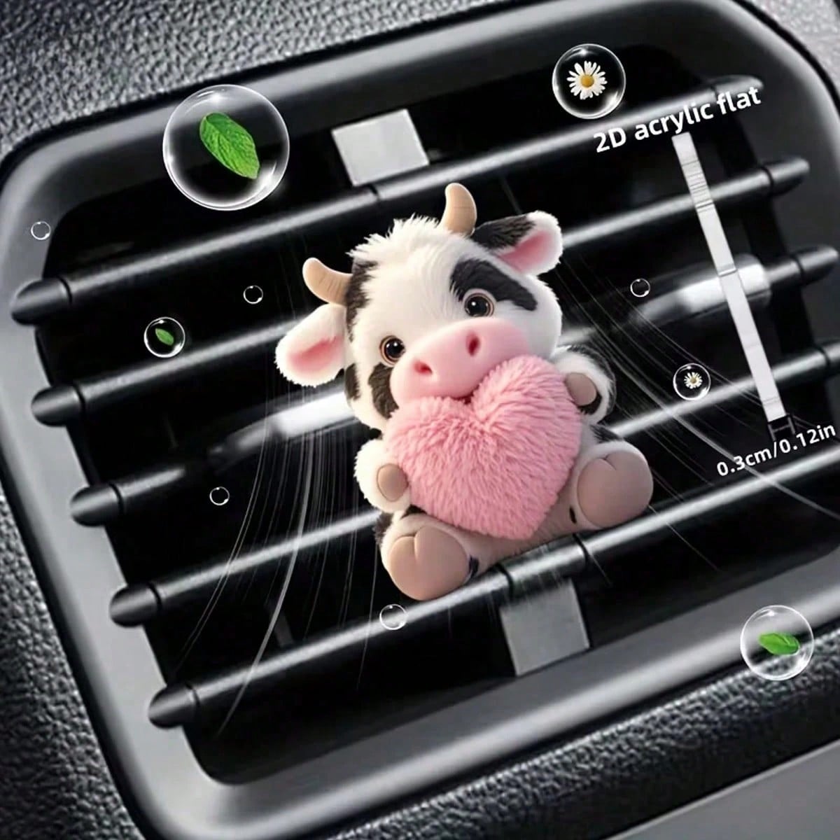 1PC/2PCS Cute Cow Pattern Heart-Shaped Car Air Vent Clip, 1 Set Includes Aromatherapy, Car Air Vent Decor Clip, Car Aromatherapy Diffuser, Aromatherapy Sponge Pad, 2D Acrylic Luxury Cartoon Decoration