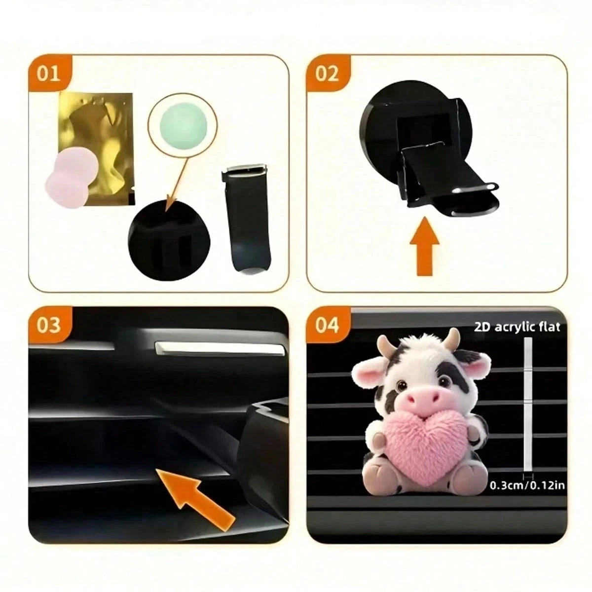 1PC/2PCS Cute Cow Pattern Heart-Shaped Car Air Vent Clip, 1 Set Includes Aromatherapy, Car Air Vent Decor Clip, Car Aromatherapy Diffuser, Aromatherapy Sponge Pad, 2D Acrylic Luxury Cartoon Decoration