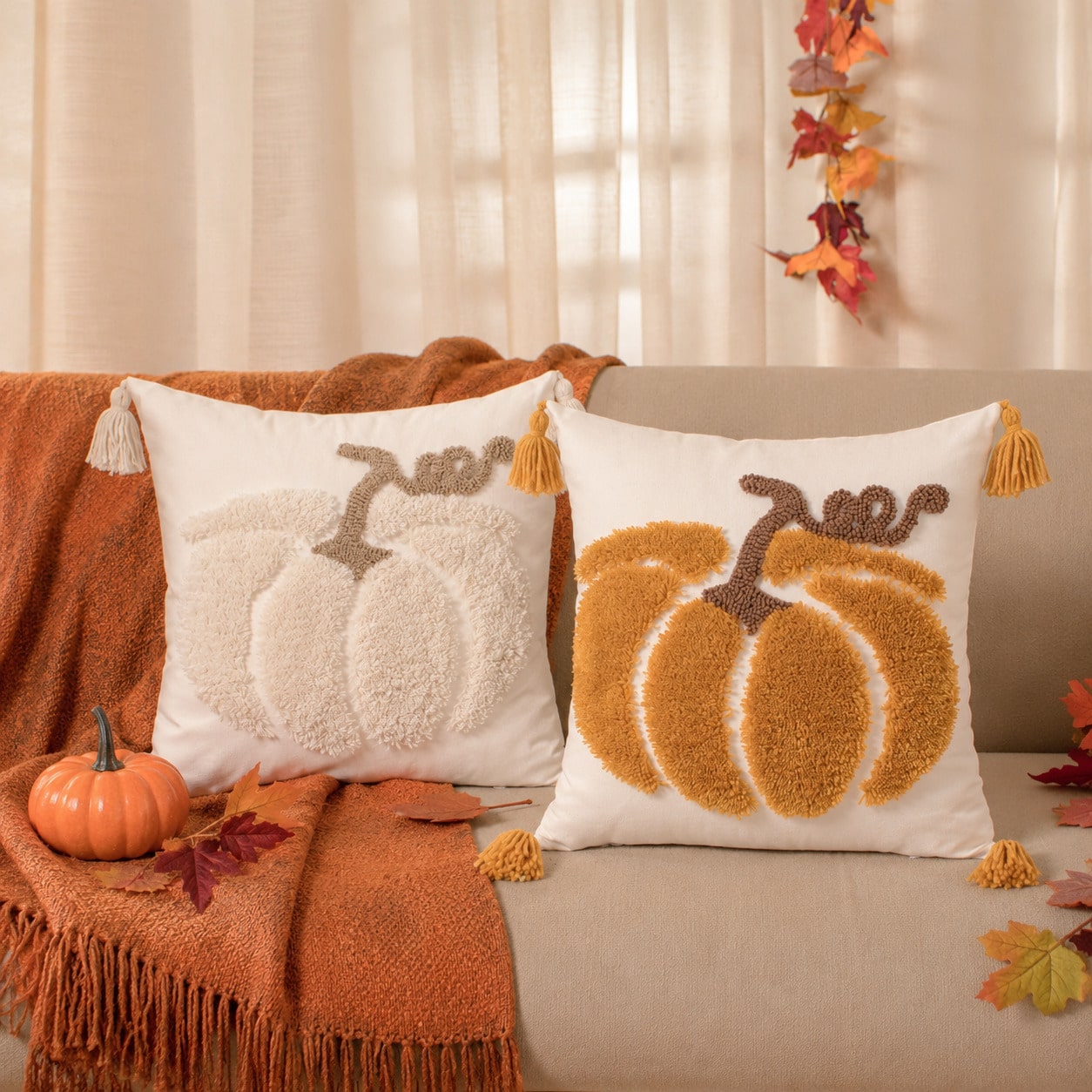 1pc/2pcs Fall Autumn Halloween Decor Tufted Pumpkin Throw Pillow Cover, Farmhouse Tassel Corner Embroidered Cushion Case, Hidden Zipper, Thanksgiving Trick Or Treat Decorative Pillowcase (No Insert) F