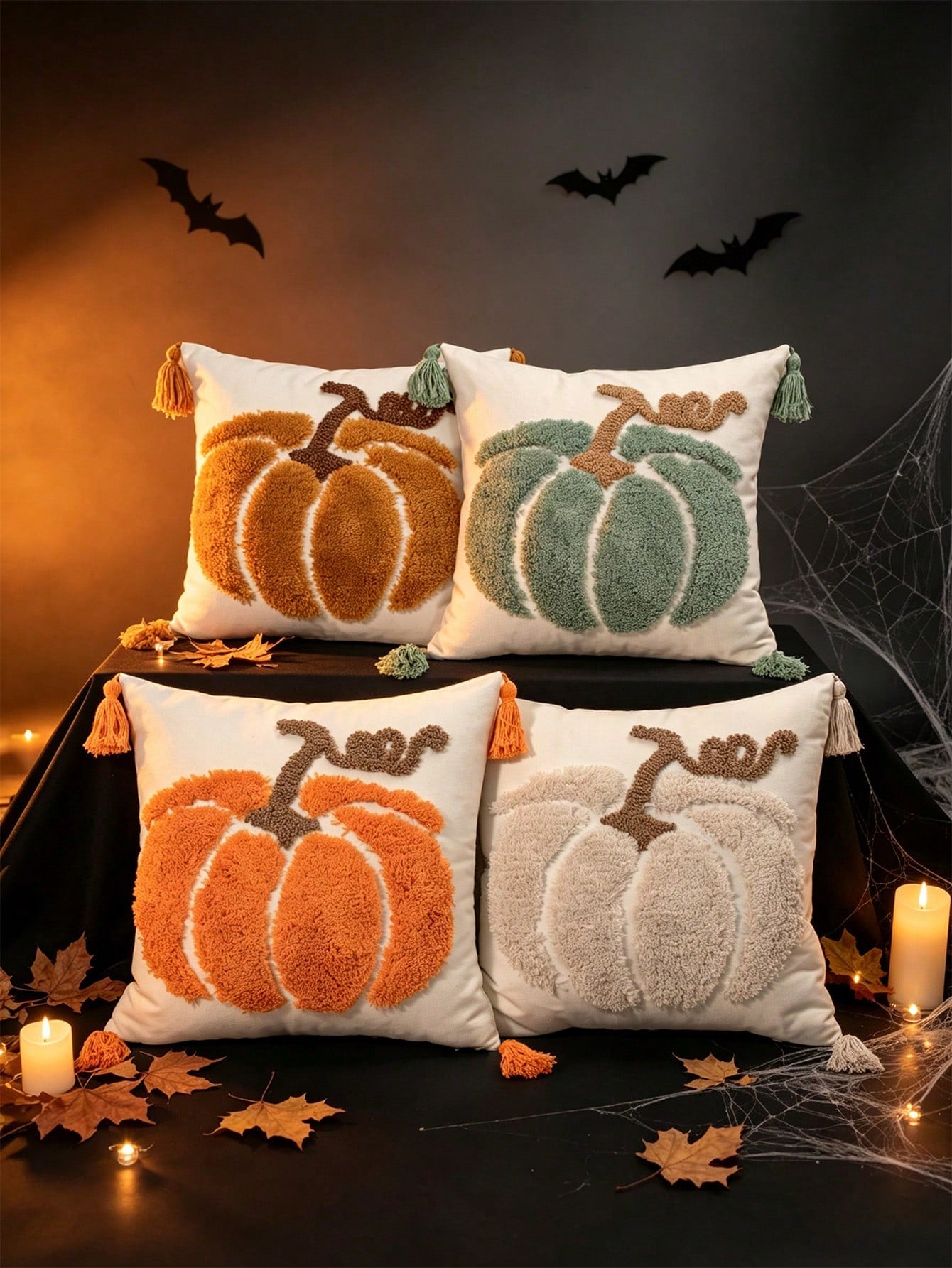 1pc/2pcs Fall Autumn Halloween Decor Tufted Pumpkin Throw Pillow Cover, Farmhouse Tassel Corner Embroidered Cushion Case, Hidden Zipper, Thanksgiving Trick Or Treat Decorative Pillowcase (No Insert) F