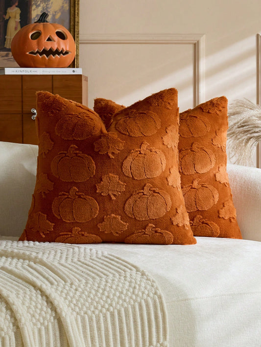 1pc/2pcs Halloween Orange Pumpkin Maple Leaf Decorative Pillowcase, Soft Faux Fur Front, Dutch Velvet Back, Square Cushion Cover, Holiday Home Decor Pillowcase, Soft Comfortable Velvet Fabric, Modern
