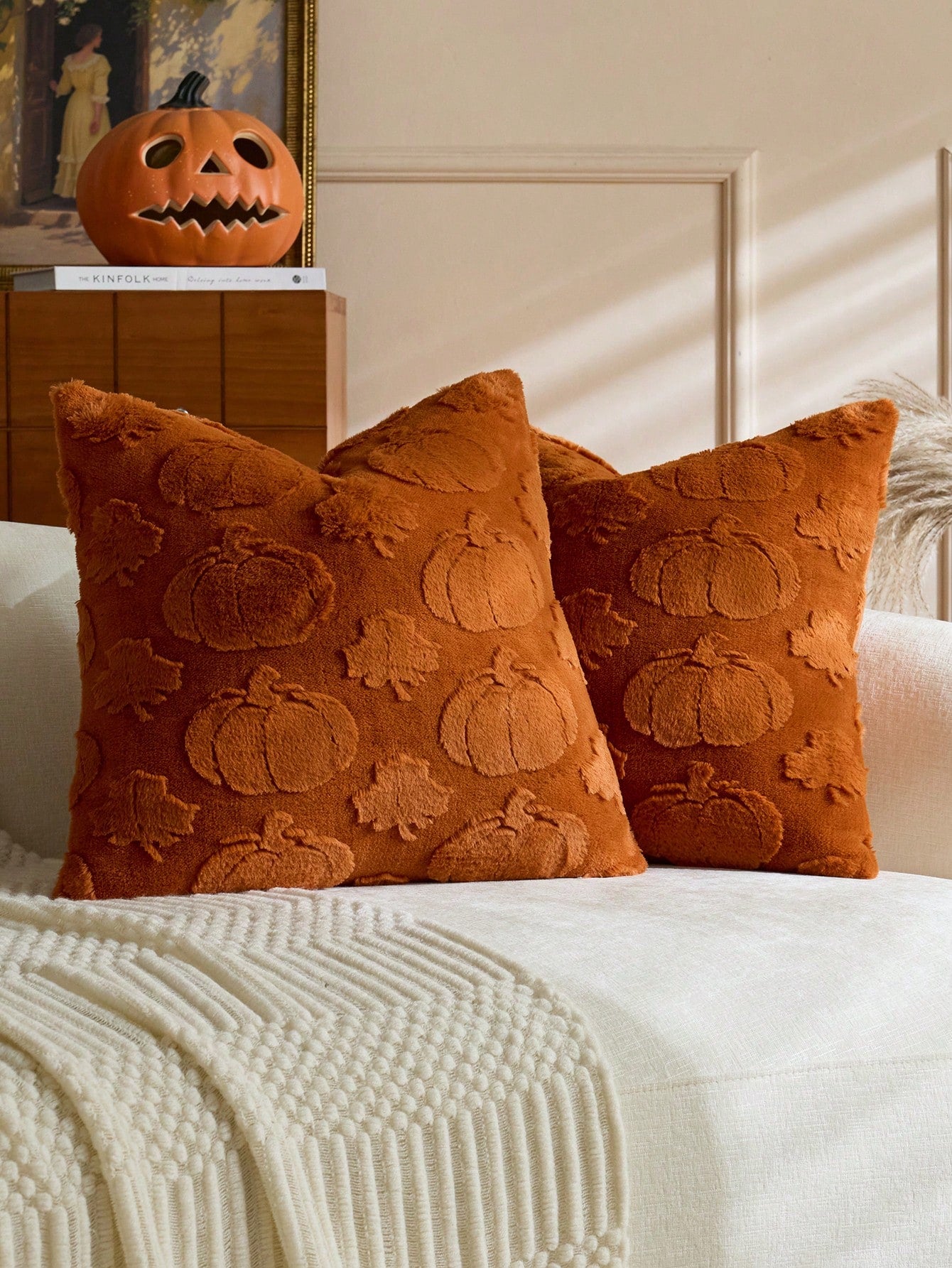 1pc/2pcs Halloween Orange Pumpkin Maple Leaf Decorative Pillowcase, Soft Faux Fur Front, Dutch Velvet Back, Square Cushion Cover, Holiday Home Decor Pillowcase, Soft Comfortable Velvet Fabric, Modern